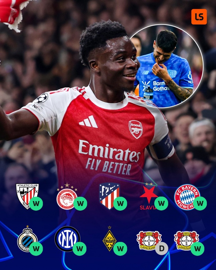 10战9胜！阿森纳成为本赛季欧冠赛场唯一一支仍未输球的球队