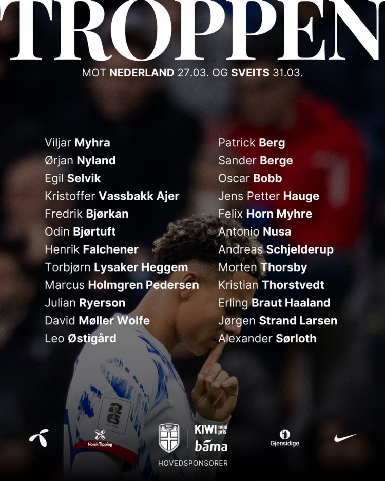 挪威队新一期名单：哈兰德、瑟尔洛特、海于格在列，厄德高伤缺