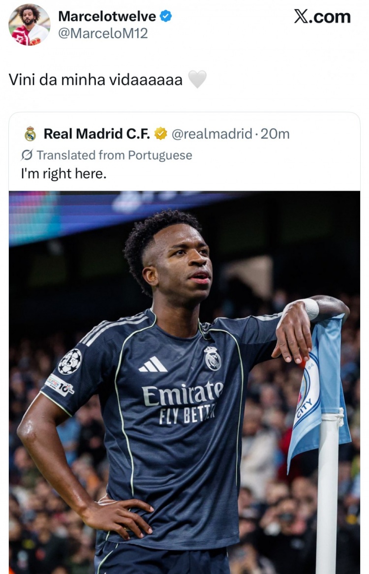 马塞洛社媒称赞维尼修斯：我人生中非常欣赏的球员