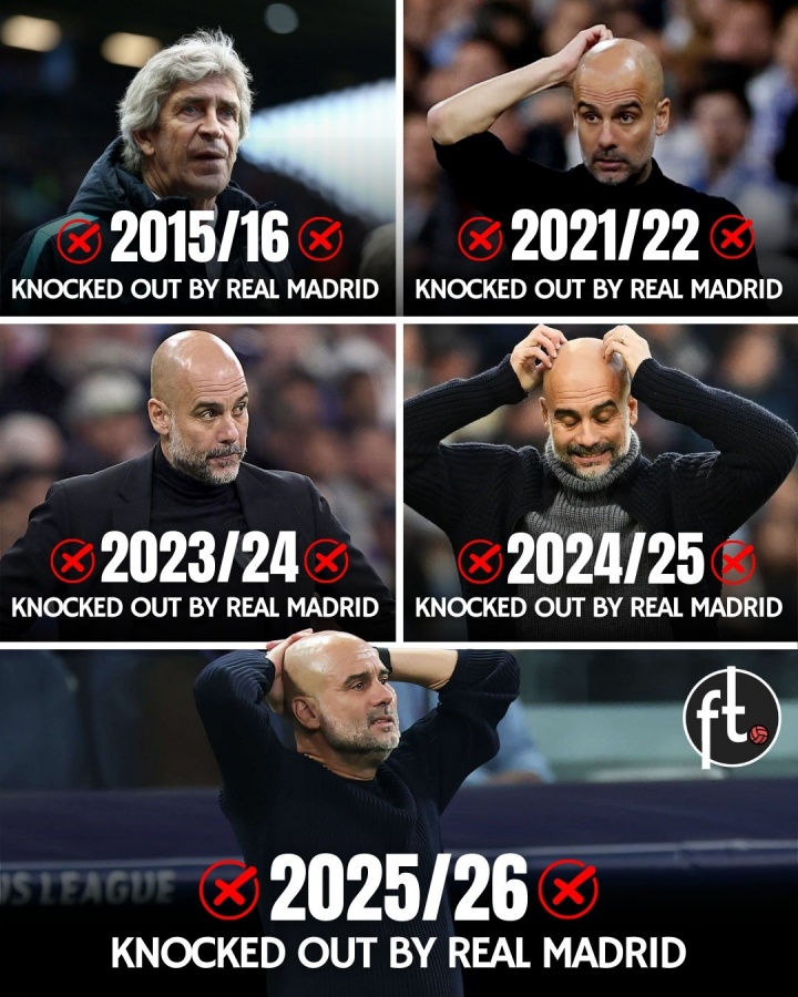 年年碰苦主！曼城欧冠淘汰赛已连续5年与皇马相遇，4次均遭其淘汰