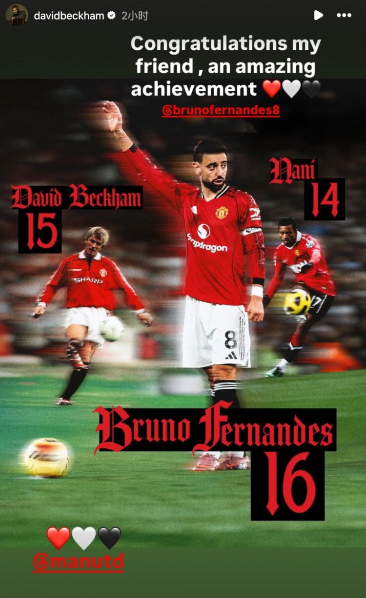 打破小贝助攻纪录！小贝社媒祝贺B费：恭喜你，令人惊叹的成就！