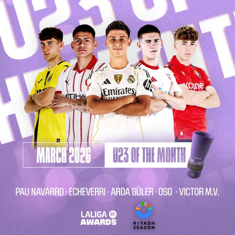 西甲3月最佳U23球员候选：居莱尔、埃切维里等5名球员获提名