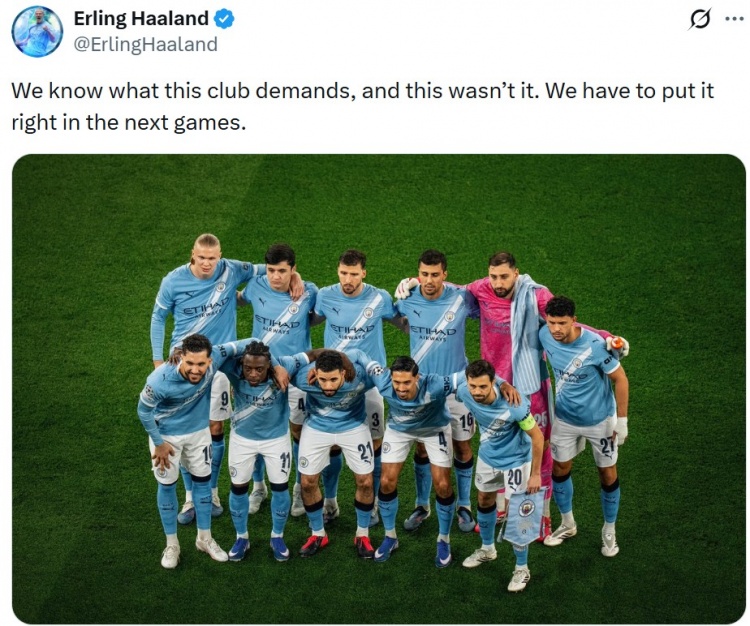 哈兰德社媒鼓励球队：我们没有达到球队目标，之后必须做得更好