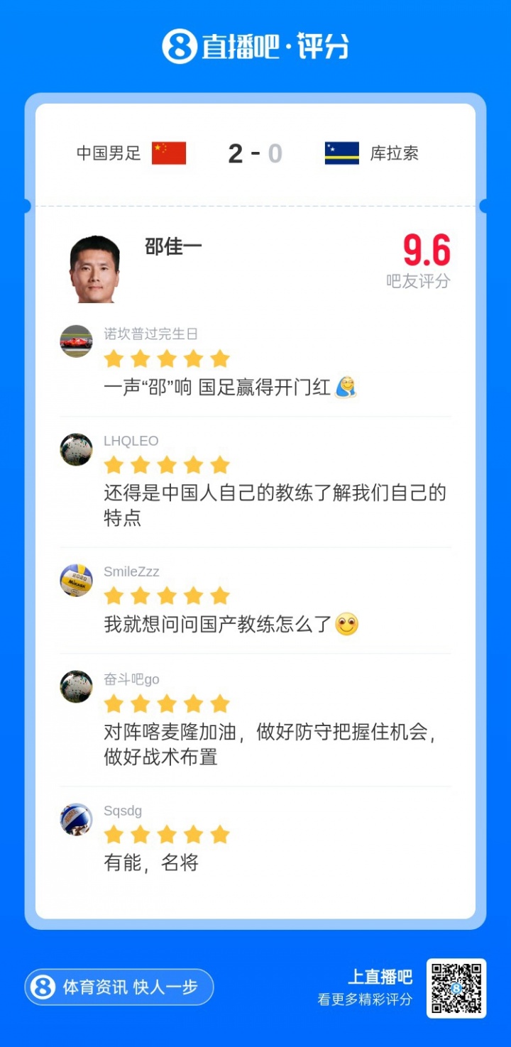 吧友给邵佳一首秀打9.6分：一声“邵”响，国足赢得开门红！