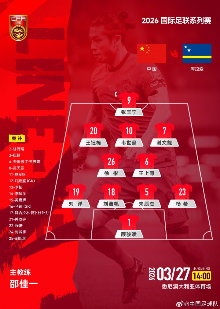 国足官方首发阵型:4231!张玉宁突前,中场徐彬搭档王上源