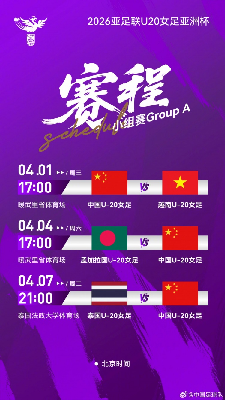 U20女足亚洲杯中国队小组赛将先后面对越南、孟加拉国和泰国队