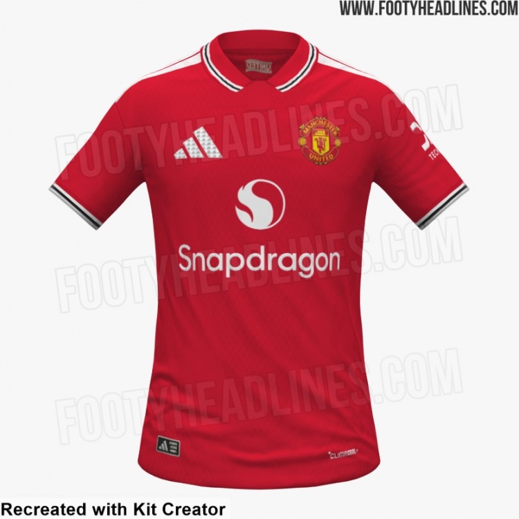 曼联下赛季主场球衣谍照:衣领和袖口为条纹设计,致敬70年代球衣