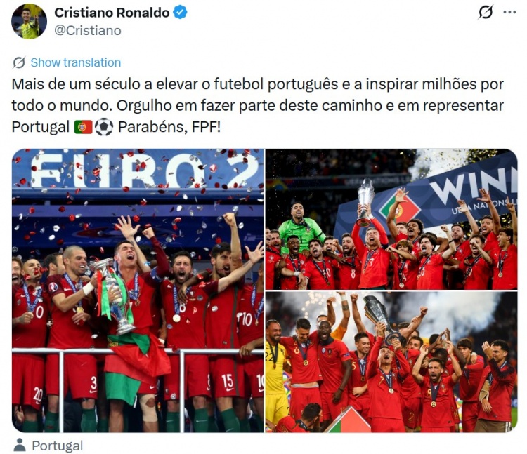 葡足协成立112周年！C罗晒三冠：身披葡萄牙战袍为国出征，自豪！