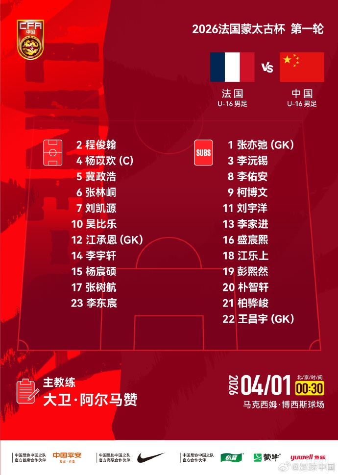 2026蒙太古杯 中国U-16男足对阵法国U-16男足 中国队首发名单出炉