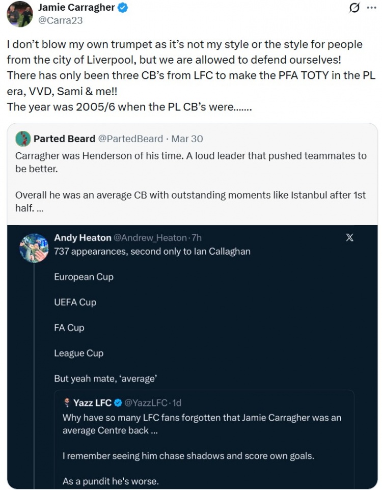 平庸之辈？卡拉格：我当年进PFA最佳阵啥概念？击败一堆顶尖传奇