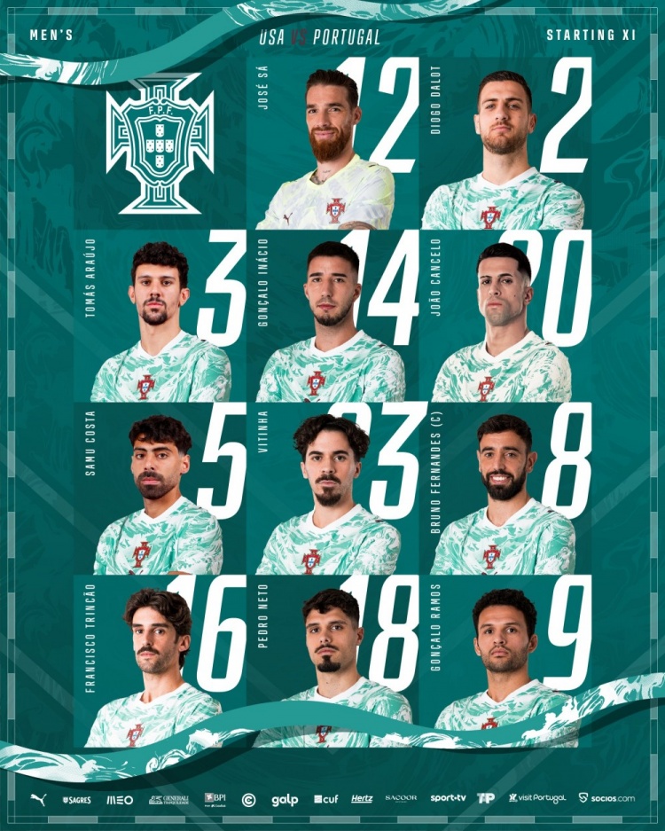 葡萄牙友谊赛对阵美国首发：B费、维蒂尼亚、坎塞洛、内托在列
